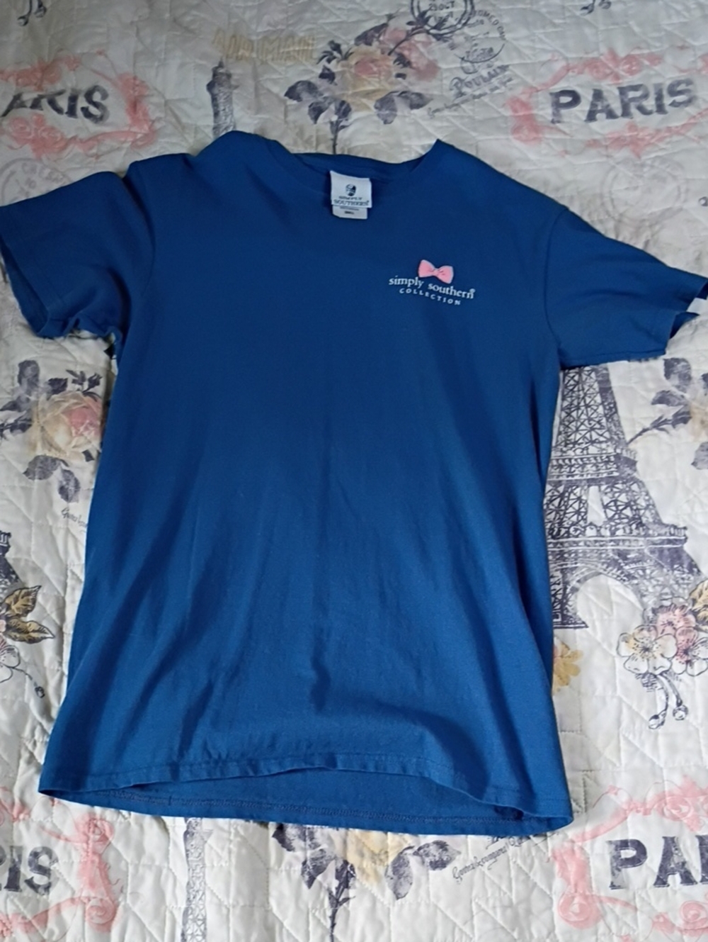 Simply Southern Blue Short Sleeve Tee with Pink Bow Accent